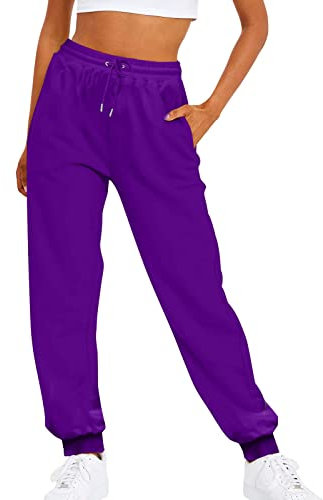 Pantaloni della tuta larghi da donna, pantaloni da jogging da donna con tasche, in tinta unita, termici, con coulisse, vestibilità ampia, morbidi e comodi, con tasche, Viola, S