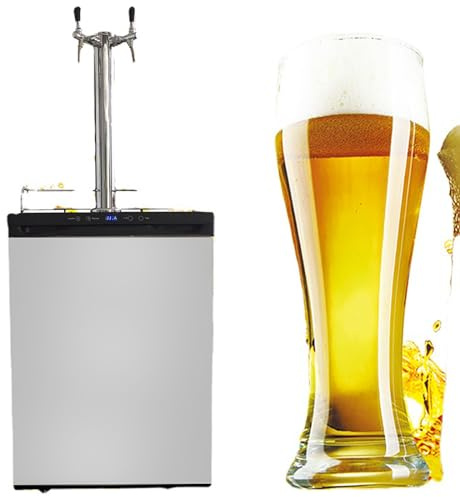 Machine à bière commerciale à double tête avec mini réfrigérateur, débit réglable, plage de température de 32 à 24 °C, idéale pour une utilisation à la maison, dans un bar ou un barbecue.
