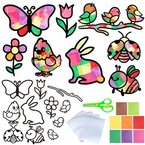 BOOMTOP 22 Stück Fensterbilder Basteln Frühling Kinder Bastelset Bunte Fensteraufkleber Blumen Vögel Schmetterlinge Hasen Biene zum Basteln Frühling Ostern Fenster Dekoration mit Buntglas-Effekt