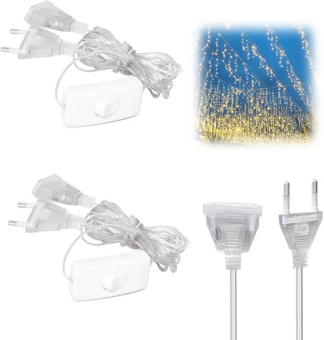 2 Stück Verlängerungskabel mit Stecker Eurostecker Schalter - Transparentes Strom-Verlängerungskabel - 2 polig Verlängerungskabel Dünnes Kabel mit Flachstecker für LED Lichterkette (3 Meter)