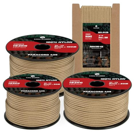 Kamu Synber Paracord 3mm x 30m Paracord 425 100% Nylon Seil Typ II Schnüre mit 3 Kern für Basteln, Outdoor, Camping, Survival | Tragkraft 192kg | Bräune