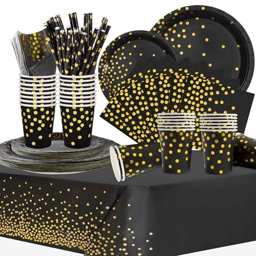 COLANANA Vaisselle de Fête Anniversaire Enfant,Noir Or Anniversaire Vaisselle Set Avec Assiette Nappe Tasses Serviettes Papier Pailles pour Baby Shower Anniversaire Mariage Party(16 invités)