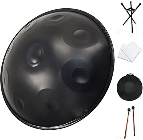 Handpan Drum Instrument - Minor 9 Noten, 22 Zoll Stahltrommel mit Softtasche, 2 Hammer, Ständer, Staubfreies Tuch