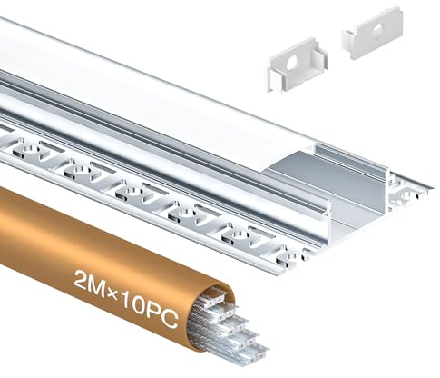 LED Trockenbauprofil 2m x 10 Stück und strip Profil Unterputz, Schiene aus Eloxiertem LED Aluminiumprofil, Kanal für Streifen bis 20mm, Diffusor für Gleichmäßige Lichtverteilung (10×2Meter)