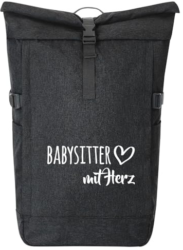 Huuraa Kurierrucksack Babysitter mit Herz 30-44 Liter Black Melange Fairtrade Rolltop Rucksack Geschenkidee
