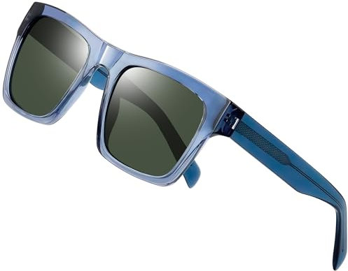 Joopin Acetato y TR90 Gafas Sol Polarizadas Hombre y Mujer Marco Azul Claro Lente Verde Planas Cuadradas Protección UV400 para Conducir Playa Pesca