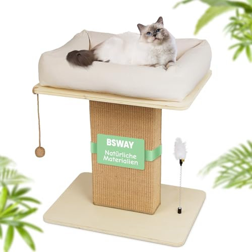 XXL Premium Kratzbaum mit Katzenbett | EXTRA-Breite Kratzsäule aus Birkenholz | 25kg Belastbar & Dickes Sisal & Bio-Leinenkissen | Einfache Montage Katzenmöbel