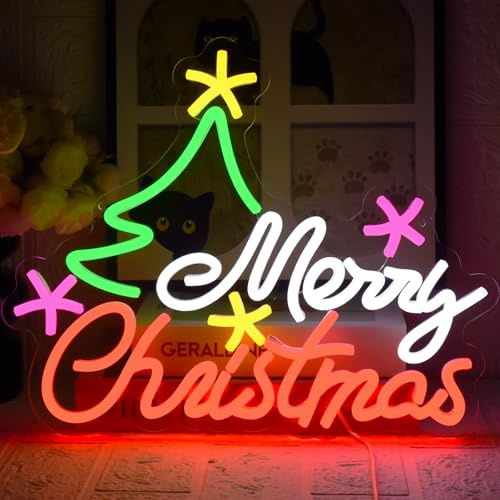 UExnkj-Y Merry Christmas Neon Sign Weihnachtsbaum Neon Licht Christmas Neonschild Dimmbar USB Leuchtschilder für Zuhause Wohnzimmer Neujahr Weihnachtsfeier Feiertag Dekoration
