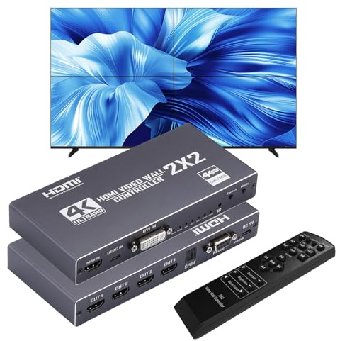 GKRONG Video Wall Controller 2x2, TV Wall Processor, 4K@30Hz HDMI Multi-Screen Splicing Processor with HDMI+DVI+USB C Input, Support 9 Display Modes 2x2 1x2 1x3 2x1 3x1