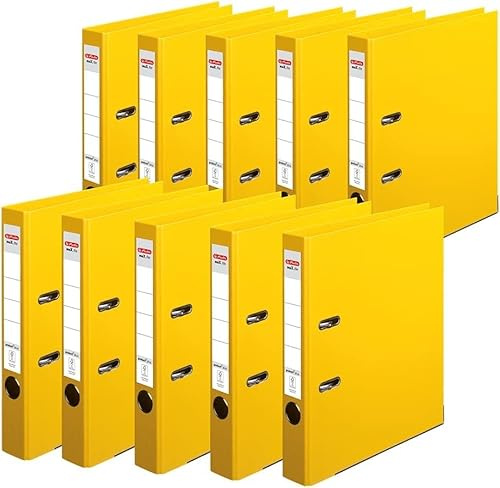 Herlitz Ordner A4 maX.file protect + Kunststoffbeschichtung, Einsteckrückenschild, Kantenschutz innen und außen (5cm schmal, Gelb, 10er Pack)