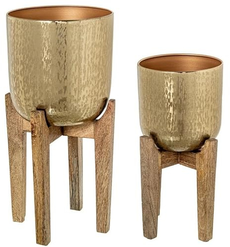 Set mit 2 Blumentöpfen aus Metall mit Füßen aus Holz in Gold, 51 x 28 x 28 cm