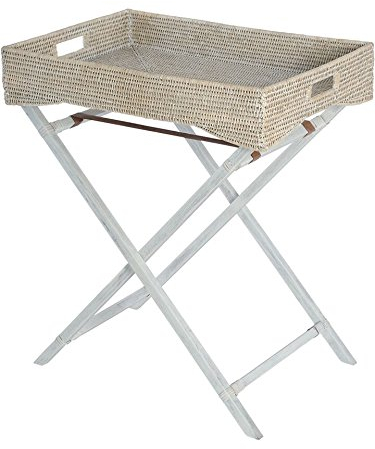 KOUBOO La Jolla Rattan Butler Tray with Folding Wood Stand, White Wash, Wicker, 66.04 x 44.45 x 73.66 cm
