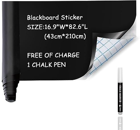 Ezigoo Tafelfolie Selbstklebend 43 x 210 cm, mit 1 Stück Weiß Kreidestift, Kreidefolie abwischbar, Selbstklebende Tafelfolie, Kreidetafel, Tafel Kinder Wand