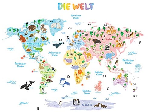 DECOWALL DL3-1615DE Extra groß Weltkarte Tierweltkarte Tiere Wandtattoo (140x110 cm) Wandsticker Wandaufkleber Wanddeko für Wohnzimmer Schlafzimmer Kinderzimmer (Deutsche Ver.)