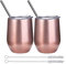 2 Pack Wine Tumbler with Lids, 12 oz Double Wall Vacuum Insulated Stainless Steel Stemless Wine Glass, Travel Coffee Mug Cup with 2 Straws 2 Brush for Wine, Drinks, Champagne, Cocktails (Rose Gold)