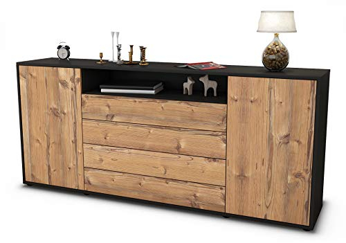 Stil.Zeit Sideboard Enzo, Korpus anthrazit matt, Front Holz-Design Pinie (180x79x35cm) Push-to-Open Technik & Leichtlaufschienen