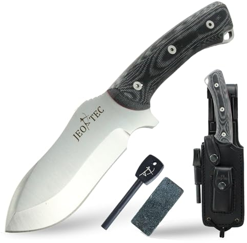 JEO-TEC Nº35 Coltello a lama fissa per Caccia Outdoor Bushcraft Sopravvivenza Campeggio - Fodero per Cintura in pelle + Pietra per Affilatura + Ferrocerio - Fatto in Spagna