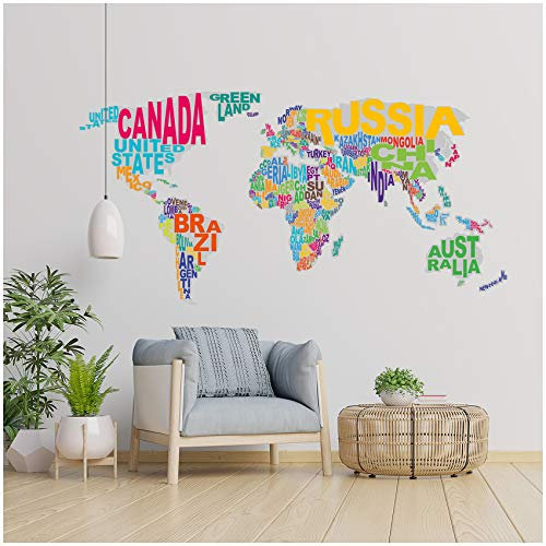 Wandtattoo Landkarte für Wohnzimmer Schlafzimmer oder Kinderzimmer selbstklebende Wandfolie Motiv Weltkarte (Schrift WW05)