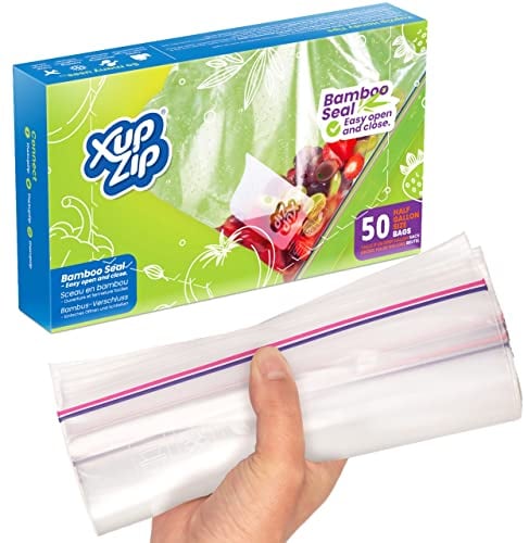 50 x XupZip Freezer Bags – Half Gallon Size (2.27L) Large Bamboo Seal Food Bags – Heavy-Duty Quart Plastic Freezable, Sealable & Easy To Open Food Bags - Hefty, Reusable, BPA-Free Sandwich Bags