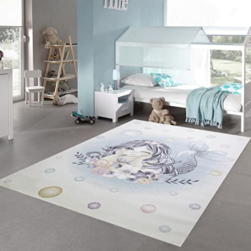 Teppich-Traum großer Kinderzimmer Spielteppich • Öko-Tex Zertifiziert: schadstofffrei • Meerjungfrau Blumen Seifenblasen Creme türkis, Größe 200 x 290 cm