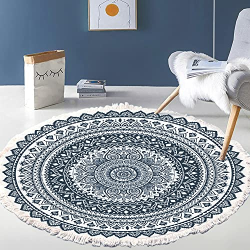 Vintage Boho Baumwolle Teppiche Mandala Muster Waschbar Handgewebte Böhmische Runder Teppich mit Quasten für Schlafzimmer Flur Wohnzimmer Couchtisch Fußmatten,Waschmaschinenfest,120CM Blumen #16
