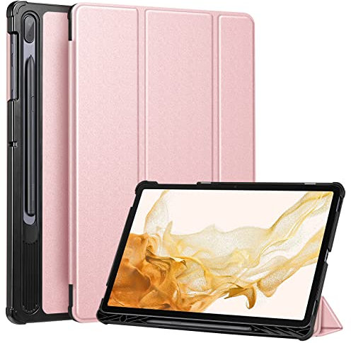 Fintie Hülle für Samsung Galaxy Tab S8 Plus 2022/S7 FE 2021/S7 Plus 2020 12.4 Zoll, Ultra Schlank Kunstleder Schutzhülle mit Stifthalter Auto Schlaf/Wach Funktion, Roségold