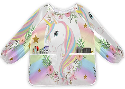 JUMBEAR Kinder-Kittel mit Blume und Einhorn, wasserdicht, Malerei, Künstler-Schürze mit 2 Taschen zum Backen, Essen, Kunst und Basteln, für Alter 2–6 Jahre, M, a, M: 22.4×17in