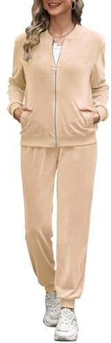 Irevial Hausanzug Damen Trainingsanzug Set Jogginganzug Velour Sportanzug Anzug 2Teilig Freizeitanzug Oberteil Hose Langarm Zipper Lange Sporthose alle Jahreszeiten Creme M