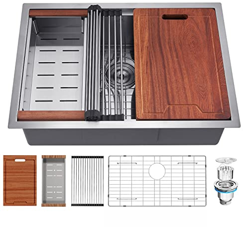 GABETLET Kitchen Sink, 30 Inch Undermount Kitchen Sink, Deep Single Bowl Stainless Steel Kitchen Sink 16 Gauge with Nano Coating & Brushed Finish, Handmade Workstation Sink with Ledge and Accessories