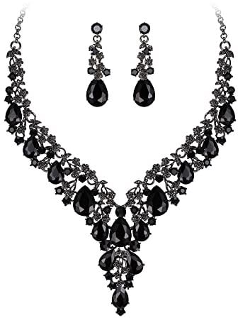 Clearine Wedding Bridal Jewellery Set Teardrop Rhinestone Cluster Statement Necklace Costume Dangle Earrings for Women Black Black-Tone