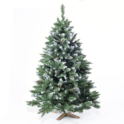 Wolkenland Künstlicher Weihnachtsbaum – Hochwertiger zertifizierter Holzständer – naturgetreue Zweige, Nadeln mit Deko Schnee & echten Tannen Zapfen – Künstliche Weihnachtsbäume, 180cm oder 220cm