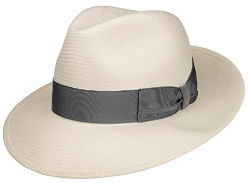 Borsalino Chapeau Panama Big Brim Femme/Homme - Made in Italy Paille de Bogart avec Ruban Gros Grain, Grain Printemps-ete Ete - 63 cm Nature-Gris