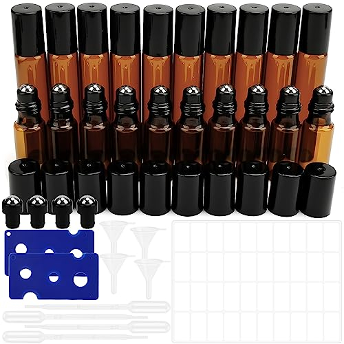 TOTSUN 20pc Essential Oil Roller Bottles - 10pcs 10ml Amber + 10pcs 5ml Glass with Stainless Steel Balls