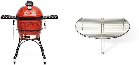 Kamado Joe KJ23RH Classic I Smoker BBQ, Outdoor Charcoal Barbecue Grill In Red With Cast Iron Cart, Heat Deflectors And Ash Tool & KJ SCS Stainless Steel Classic Grill Expander