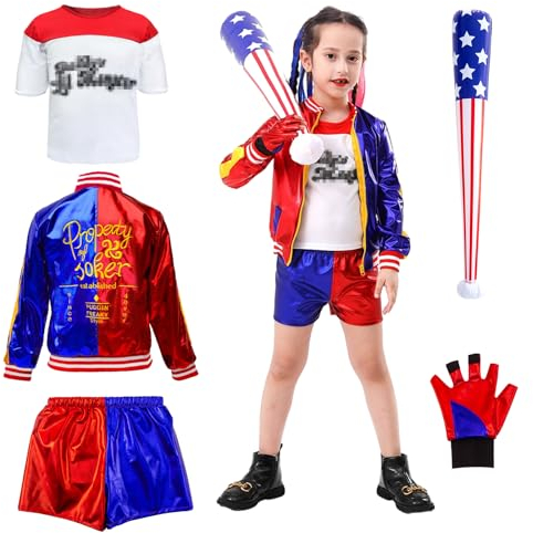 Heartsking Quin Kostüm Kinder, Squad Kostüm Halloween Mädchen Kostüm Cosplay Kostüm Damen mit Jacke T-shirt Shorts Handschuhe Baseballschläger für Karneval Cosplay Kostüme