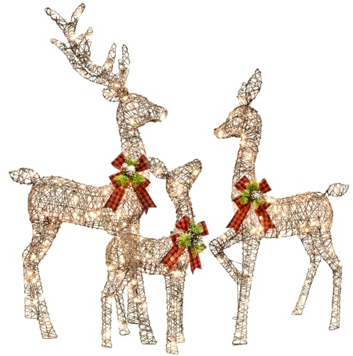 Reindeer Beleuchtete Weihnachtsdekoration Hirsch 3 Stück HOYECHI Beleuchtete Zierpflanzen Rentier Familie Set für Innen Außen mit LED Lichtern Decoration SteckerVerlängerungskabel,Erdspieße-Braun