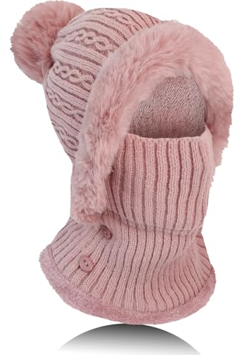 TAGVO Winter Warm Strickmütze Halswärmer-Sets, Damen Wintermütze Flexible Strickmütze mit Haarball, Balaclava Sturmhaube Weiches, Dickes Fleece gefüttert, Verstellbare Gesichtsmaske für Frauen