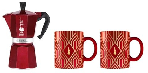 Bialetti Deco Glamour Espressokocher Moka Express 6 Tassen rosso + 2 Becher