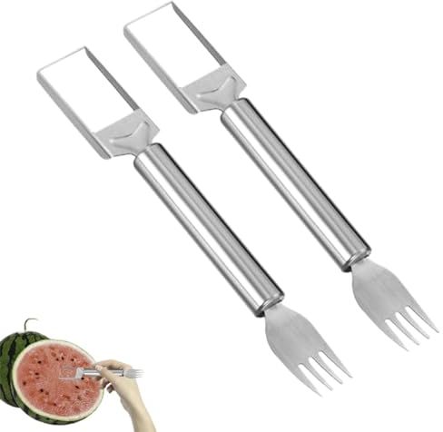 tenedor cortador de sandía, inoxidable 2 en 1 y tenedor para cortar frutas, tenedor de corte de frutas, herramienta para sandía, fruta del dragón, mango y manzana(2 piezas)