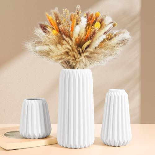 Apritsce Keramikvase, Deko Vasen Satz von 3 Blumenvase Weiß, Vasen Aesthetic für Pampasgras, für Moderne Home Decor, Vase Boho für Esstisch Bauernhaus Büro Dekor(Weiß)