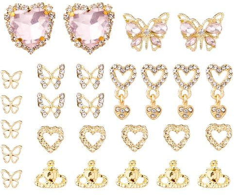27pcs Mixed Styles 3D Nail Charms, Butterfly Nail Charms Dangle Heart Charms for Nails Crown Heart Nail Gems Nail Jewelry Charms for Women Girls (Gold)