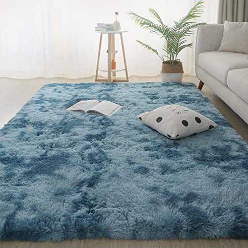 Jyswx Shaggy Hochflor Teppich - Flauschig, rutschfest, Waschbar - Grand Moderner Teppich für Wohnzimmer/Schlafzimmer, Kunstfell Imitat, Farbe: Tiedye-Blau, Größen: 120 x 160cm