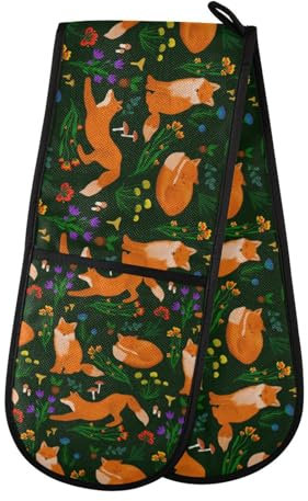 Double Oven Gloves Heat Resistant Fox Flower Leaf Double Oven Mitts Pot Holder Heat Protection Oven Gloves for Home Kitchen Baking Cooking BBQ Microwave