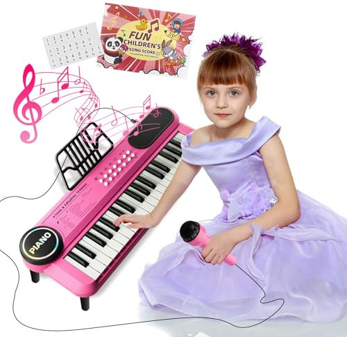 37 Teclas Rosa Piano para Niños 2 3 4 5, Teclado Electrónico con Micrófono, Instrumento Musical Educativo Portátil para Niñas, Regalos de Cumpleaños de Navidad