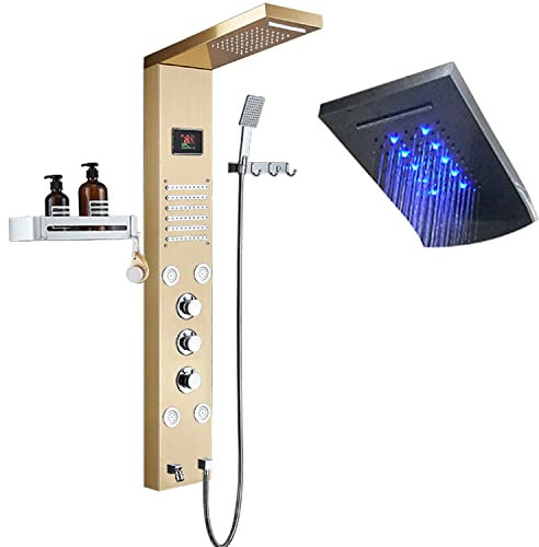 SFSLBFB Pannello Doccia da Bagno Kit a Torre LED in Acciaio Inox con soffione Doccia a 6 funzioni, getti massaggianti, Spazzolato, Oro