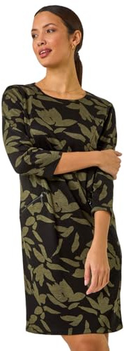 Roman Originals Spot Print Zip Pocket Jersey Dress for Women UK - Ladies Everyday Holiday Autumn Winter Round Neck 3/4 Sleeves Comfy Soft Evening Vacation Work Party Shift - Khaki Noir - Size 10