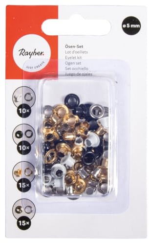 Rayher Ösen Set, 5 mm ø, rund, Blister 50 Stück, Farbmischung weiß, schwarz, silber, gold, ideal für den Heimgebrauch und kreative DIY-Projekte, 69288000