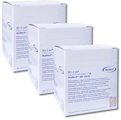 ANCEVIA Set - 3x MaiMed Sterile Kompressen 7,5x7,5 cm | 150 Stück Mullkompressen 8-lagig steril | Wundauflage nicht haftend aus Baumwolle | Verbandsmaterial für Klinik & Praxis