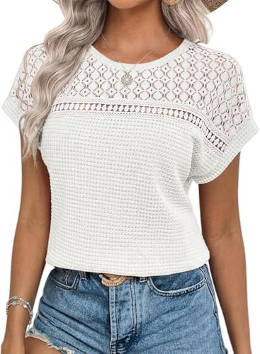 Chicrise Womens Summer Tops Lace Short Sleeve T Shirts Round Neck Casual Blouse Loose Fit