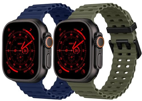 2 Pack Ocean Silicone Sport Strap - Compatible with Apple Watch Ultra 2/Ultra Strap 49mm 45mm 44mm for Men Women, Breathable Soft Waterproof Band for iWatch Ultra 2/Ultra Series 10 46mm SE/9/8/7/6/5